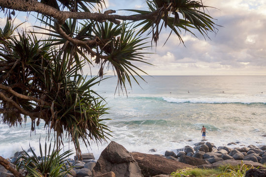 Sunrise with surfer on rocks at Burleigh Heads, Gold Coast, Australia
