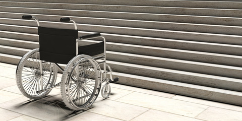 Fototapeta na wymiar Wheelchair empty infront of concrete stairs. 3d illustration