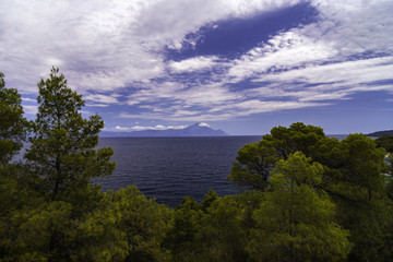 The landscape with Mount Athos seen from the Sithonia Peninsula