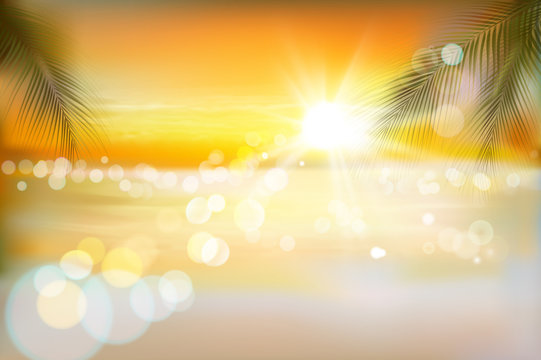 View of a tropical beach. Sunrise. Vector Illustration. 