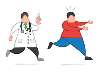 Vector cartoon doctor man with stethoscope and running, holding syringe ready for injection and patient scared and running away