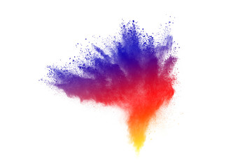 Freeze motion of colored powder explosions isolated on white background.