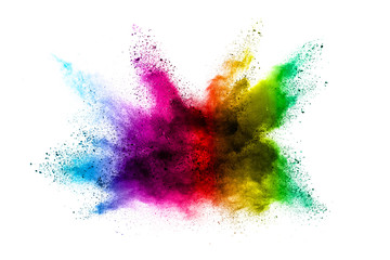 Freeze motion of colored powder explosions isolated on white background.