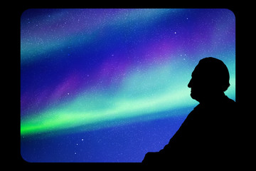 Old man looks out window at night. Vector illustration with silhouette of passenger on train. Northern lights in starry sky. Colorful aurora borealis