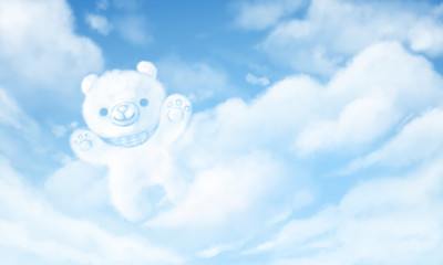 Teddy bear-shaped clouds on blue sky background.