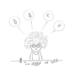 Girl sits at the table on which the money is lying and thinks in what currency to invest bitcoin, dollar, Euro or yen.