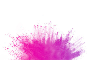 Freeze motion of pink powder explosions isolated on white background.