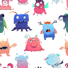 Seamless pattern with cute monsters set. Cartoon characters in color pencil style. Isolated objects on white background. Vector illustration