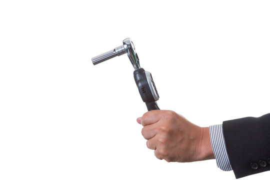 Mechanic engineer holding digital torque wrench in his hand; handing tool on white background with clipping path