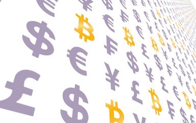Bitcoin and currency on a white background. Digital Cryptocurrency symbol. Business concept. Market Display. 3D illustration