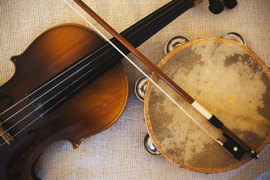 Old Violin From Czechoslovakia and Tambourine