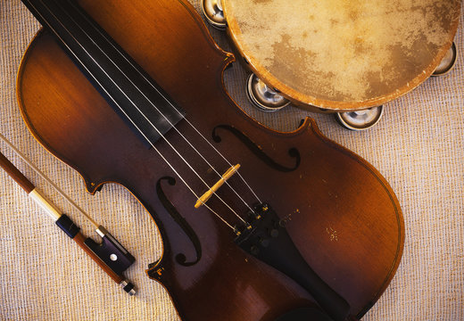 Old Violin From Czechoslovakia and Tambourine