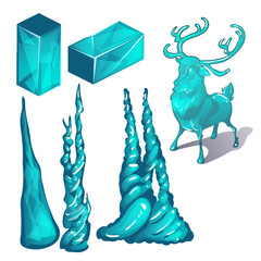 The set of cubes of ice and products in the form of a deer and abstract shapes isolated on white background. Stage of the making of iced Christmas decorations. Vector illustration.