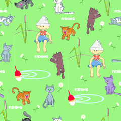 Seamless pattern fishing. Vector seamless pattern depicting a fisherman boy surrounded by curious cats. Background, seamless pattern and text are located on separate layers.