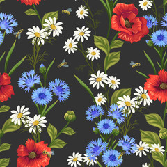 seamless pattern with wildflowers and bees