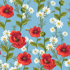 seamless pattern with poppies and daisies 
