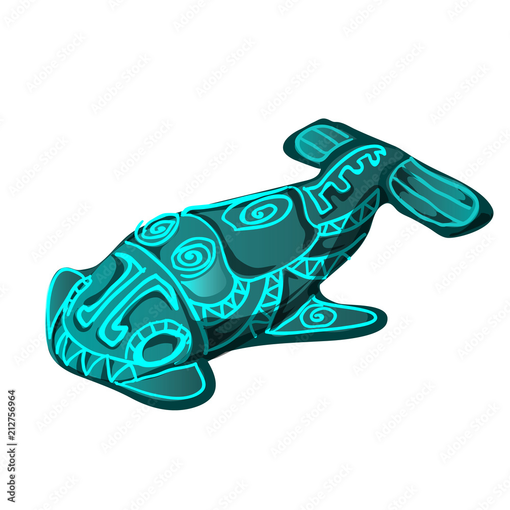 Wall mural the artifact in the shape of a fish with glowing runes isolated on white background. vector cartoon 