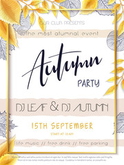 Vector autumn party poster template with hand drawn lettering, yellow autumn leaves, doodle branches - 212757397