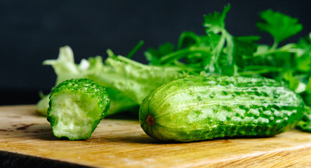 fresh hommade cucumber on the board with salad parsley dill celery