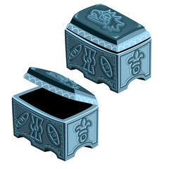 Gray and blue vintage metal chest isolated on white background. Vector cartoon close-up illustration.