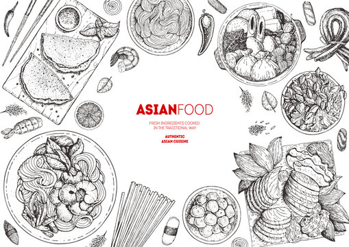Asian cuisine sketch collection. Hand drawn vector illustration. Food menu design template, engraved elements. Asian Food set.