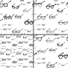 Fototapeta na wymiar Different glasses types seamless pattern set, hand drawn doodle style vector. Four Black and white sketchy illustrations.