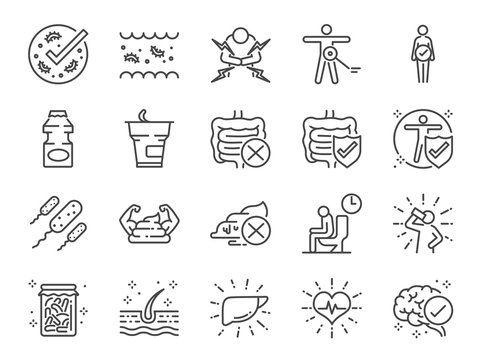 Probiotics icon set. Included icons as intestinal flora, intestinal, bacteria, healthy, yogurt, intestine and more.