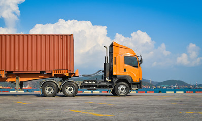 Portrait of  truck head with container trailer.