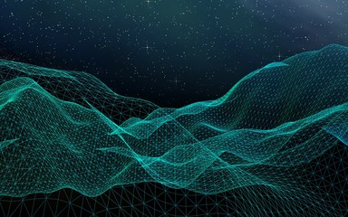 Abstract landscape on a dark background. Cyberspace grid. Hi-tech network. Outer space. Starry outer space texture. 3D illustration