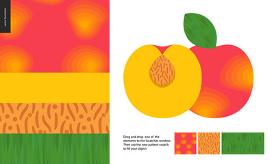 Food patterns, summer - fruit, peach texture, half of peach image on side - four seamless patterns of peach sweet firm yellow pulp, yellow orange smooth rind, seed of grainy smooth texture, green leaf