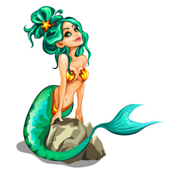Sexy mermaid with green hair sitting on a stone isolated on white background. Vector cartoon close-up illustration.