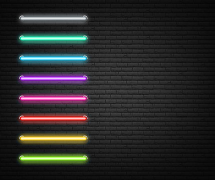Colorful neon luminous strips on grey realistic bricklaying wall.