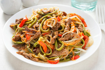 Chilli beef noodles. Wok fried beef in tamarind & soy sauce with green noodles, bean sprouts, carrots and red peppers