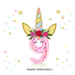 Nineth birtday. Nine. Unicorn Birthday invitation. Party invitation greeting card