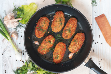 cutlets in a frying pan, top view