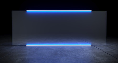 Futuristic Sci Fi Concrete Floor With Blue Strips Lighted Frozen Glass On Both Sides With Empty Space For Text Inside Billboard Like Concept 3D Rendering