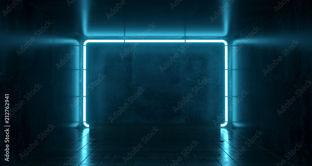 Wall mural abstract futuristic sci fi concrete room with different glowing neon lights and reflections space fo