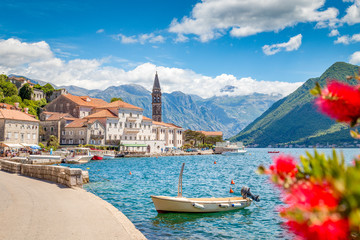 Historic town of Perast at Bay of Kotor in summer, Montenegro - obrazy, fototapety, plakaty