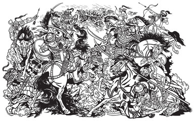 Battle between Mongols clans and tribes .Time of Genghis Khan .Medieval Asian cavalry warriors fighting with swords and nomads archery shooting a bow and arrows. . Black and white vector illustration