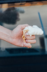 Close up shot of person holding and clutching ice cream cone as it melts