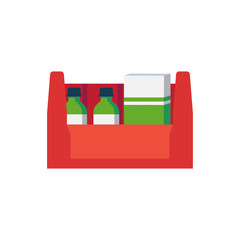 Vector illustration of drug box or showcase with medicines and tablets pills bottles drops.