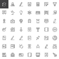 Education outline icons set. linear style symbols collection, line signs pack. vector graphics. Set includes icons as Graduation cap, Apple with book, School bag, Pencil, Whiteboard, Calculator, Abc
