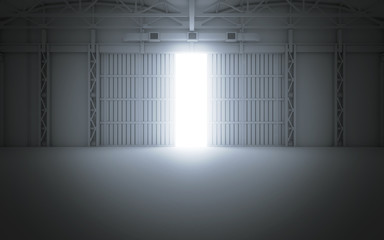 Bright light coming through open hangar doors. 3d rendering - obrazy, fototapety, plakaty