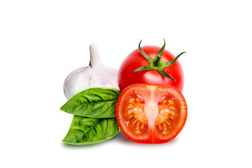 Isolated tomatoes, garlic and basil