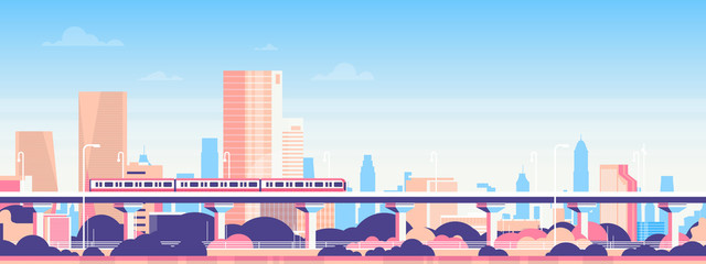 Subway over city skyscraper view cityscape background skyline flat banner vector illustration © mast3r