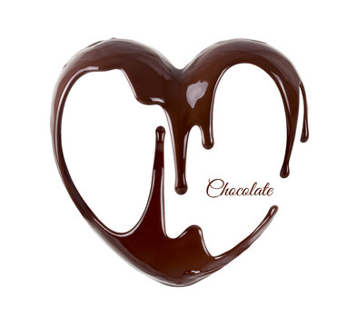 Chocolate in the form of heart. Melted chocolate syrup on white background. Liquid chocolate on a white background.