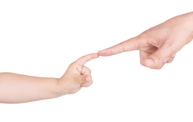 The hand of the child and the hand of the father. A strong family. Gestures of the hands. Isolated on white background.