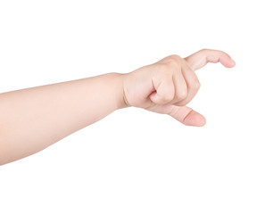 Child's hand showing gesture. The child's hand is holding something. Isolated on white background.