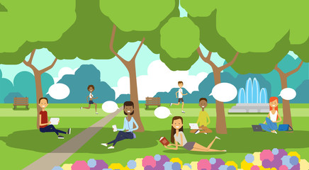 city park relaxing people chat bubbles sitting green lawn using laptop picnic man woman trees landscape background horizontal flat vector illustration