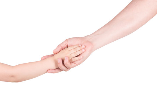 Dad holds his daughter's hand tightly. A strong family. Gestures of the hands. Isolated on white background.